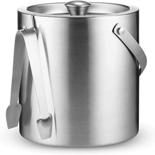 Stainless steel ice bucket with tong, double-walled for insulation, ideal for hotels, restaurants, and event service