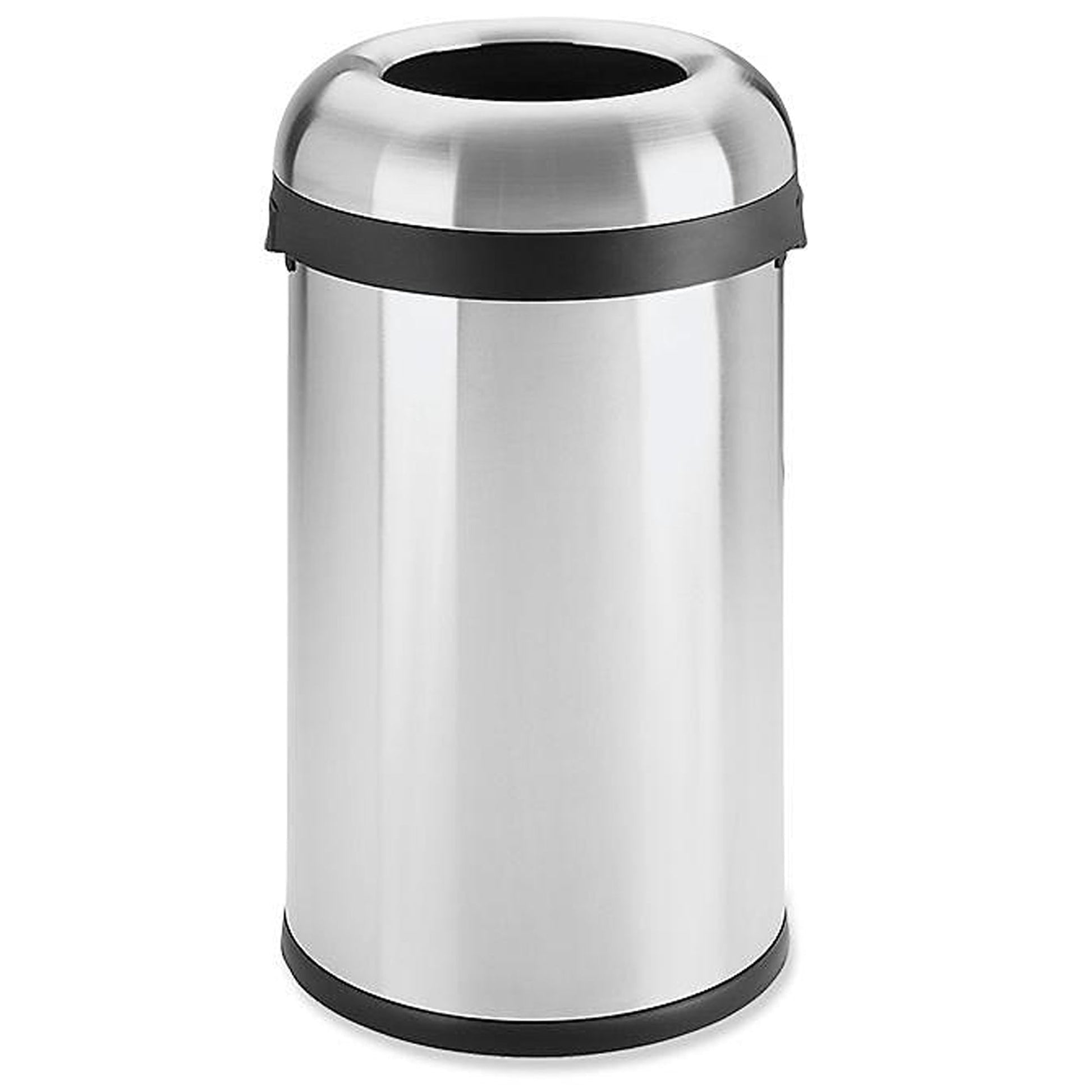 Commercial stainless steel open-top trash can with dome lid, ideal for high-traffic areas in hotels, offices, restaurants, and public spaces