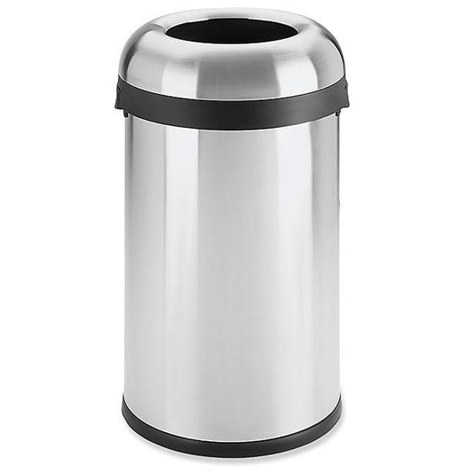 Commercial stainless steel open-top trash can with dome lid, ideal for high-traffic areas in hotels, offices, restaurants, and public spaces