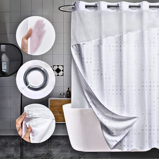 Heavy Duty Hook Less 2 Piece Chrome Rings Shower Curtain with Translucent Window & Removable Snap-On Liner - Multiple Styles Available