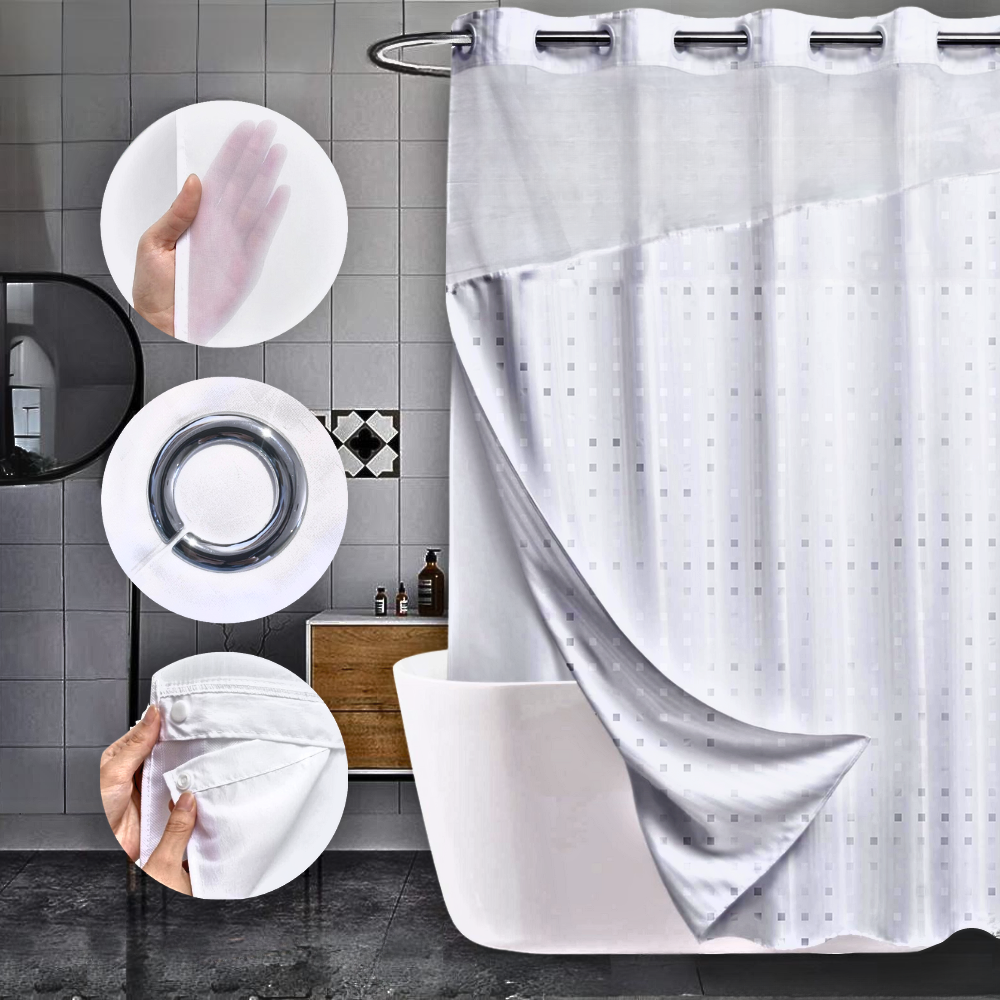 Heavy Duty Hook Less 2 Piece Chrome Rings Shower Curtain with Translucent Window & Removable Snap-On Liner - Ascending Grid