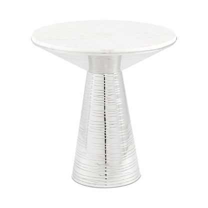 Valentine End Table with white marble top and sculpted silver frame, a modern statement piece ideal for hotel suites, lobbies, or living rooms.
