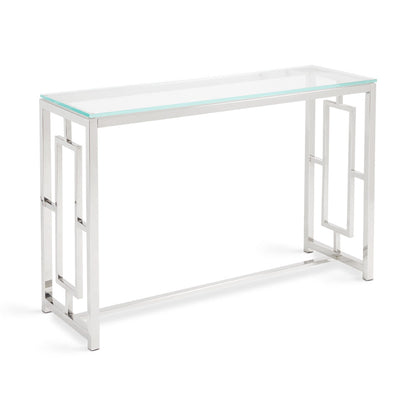 Zenzi Console Table by Canadian Hotel Supply featuring a clear glass top and chrome geometric frame, perfect for hotel lobbies or modern spaces